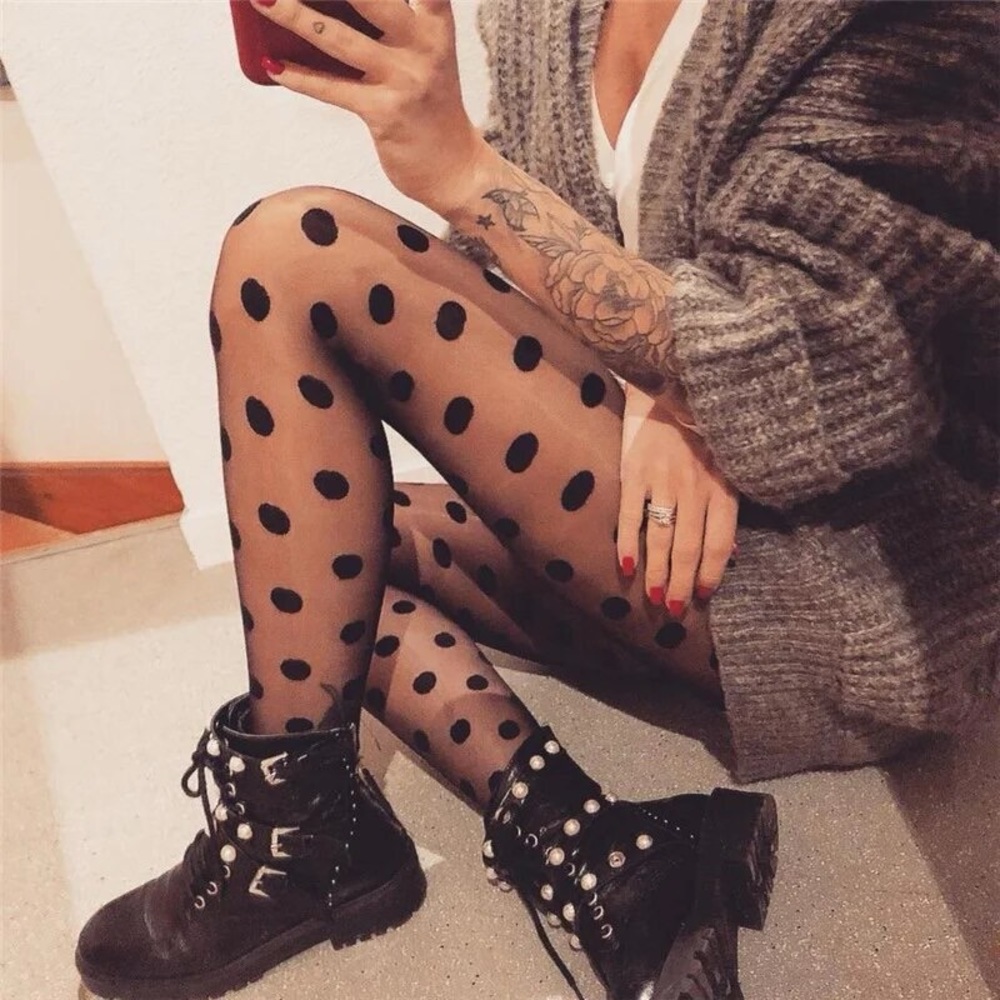 NWT black sheer dot tights stockings mesh thin large spots sexy black tights